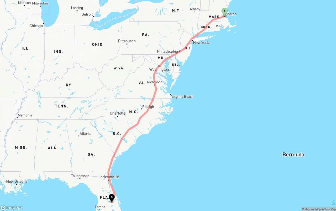 Shipping route from Port of Boston to Orlando