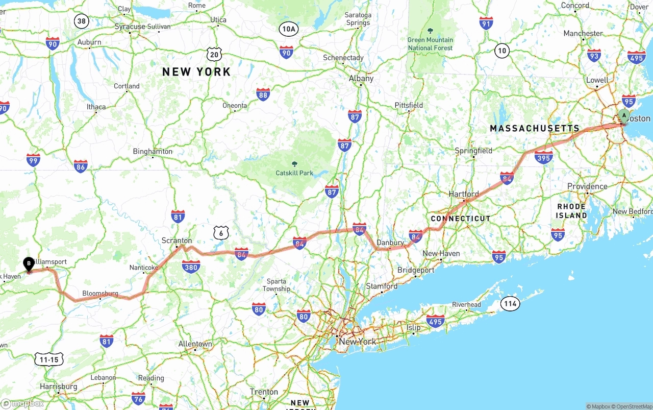 Shipping route from Port of Boston to Pennsylvania