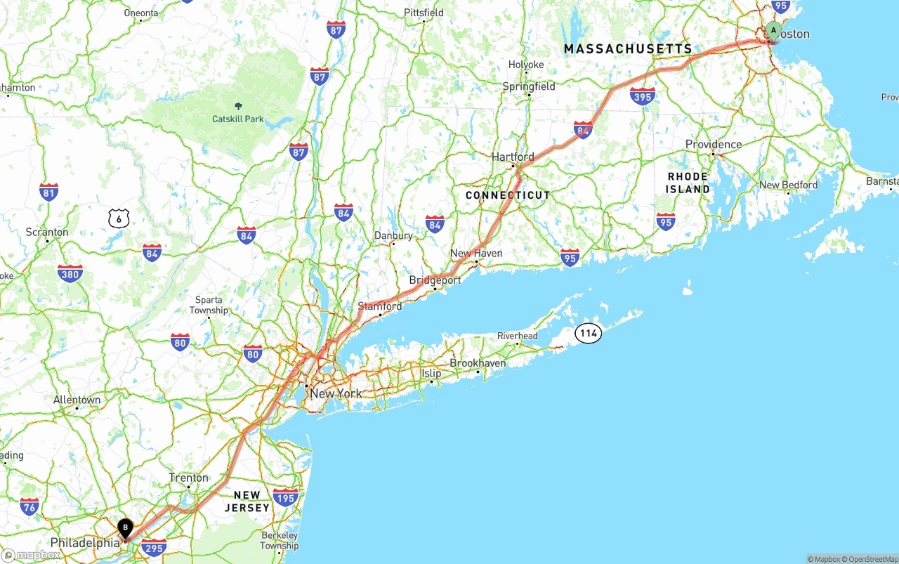 Shipping route from Port of Boston to Philadelphia