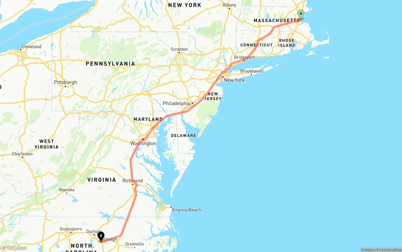 Shipping route from Port of Boston to Raleigh