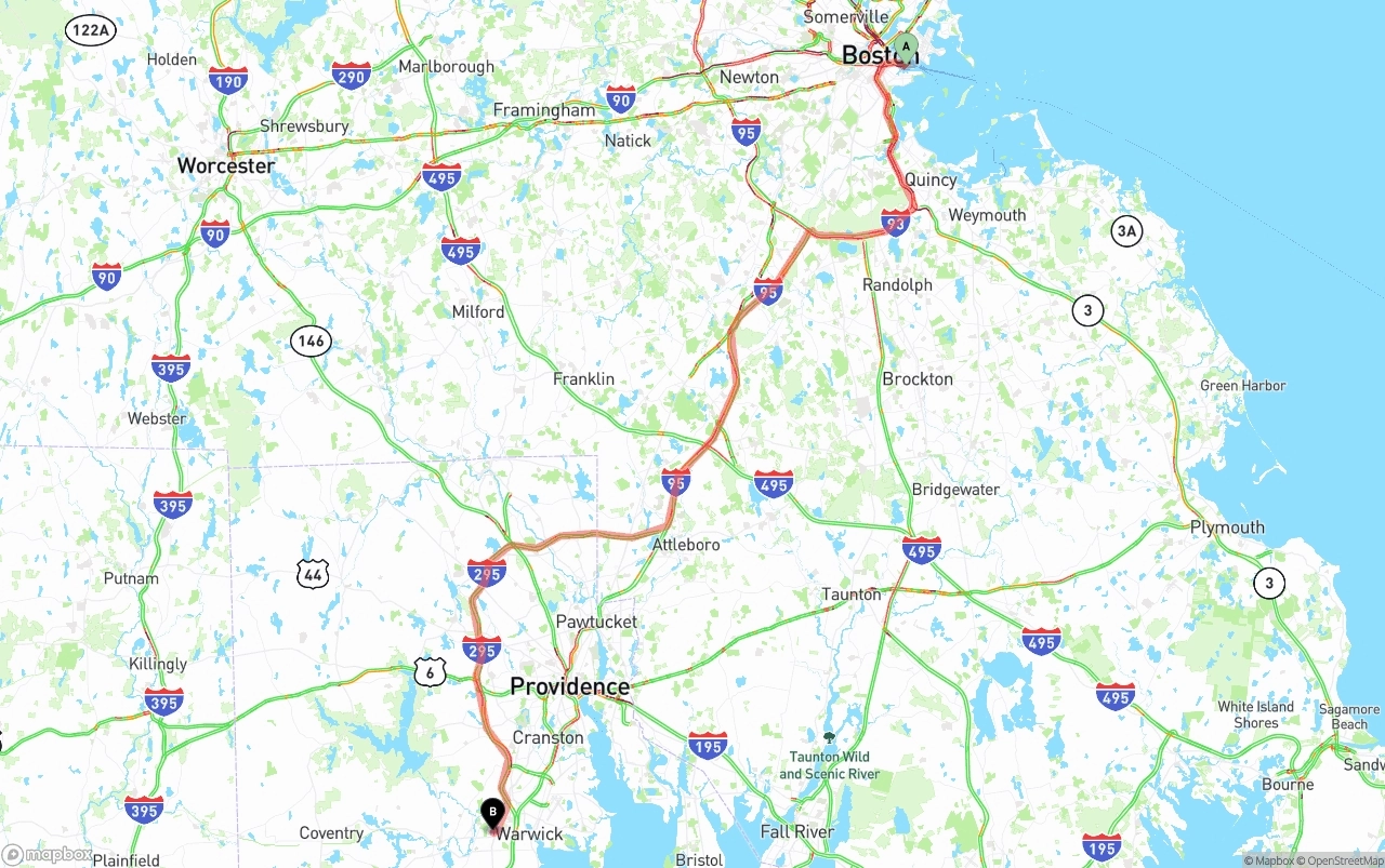 Shipping route from Port of Boston to Rhode Island