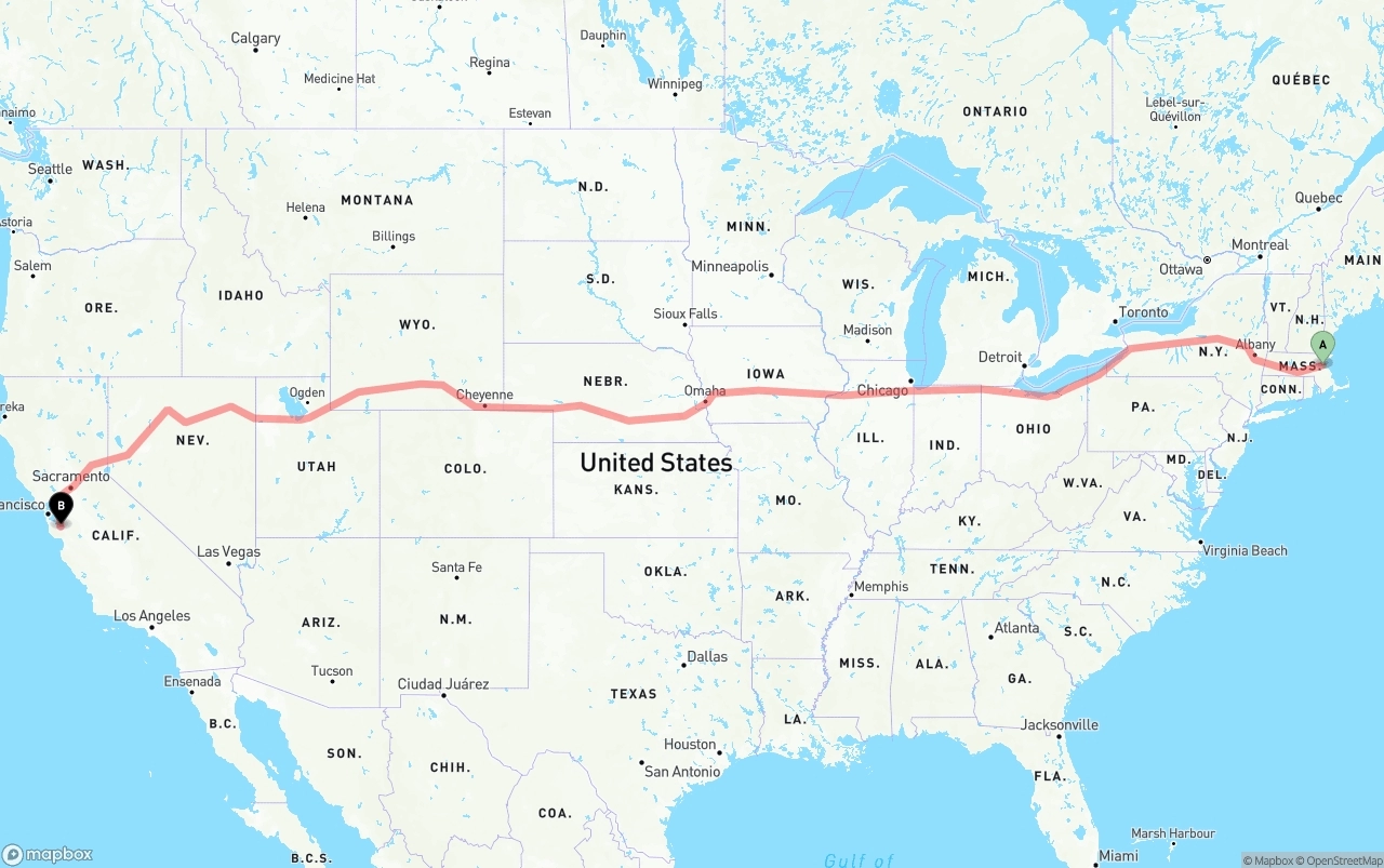 Shipping route from Port of Boston to San Jose
