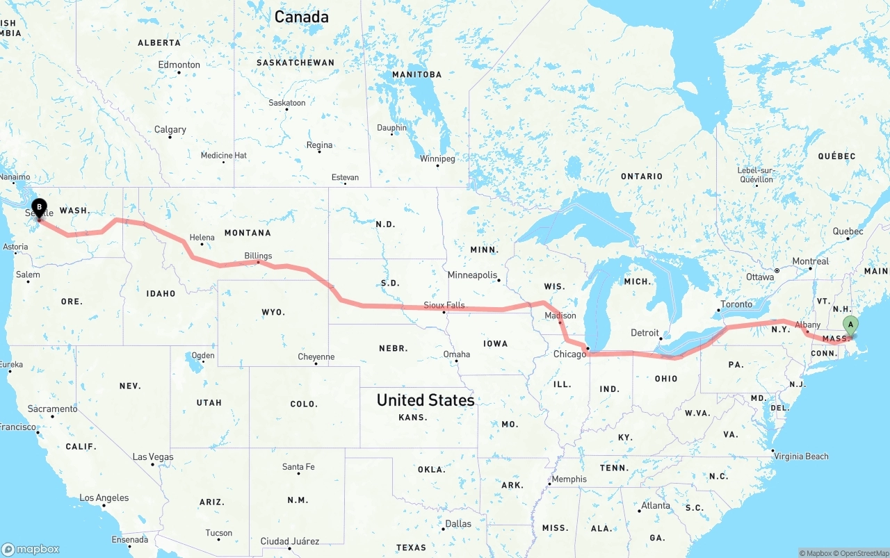 Shipping route from Port of Boston to Seattle