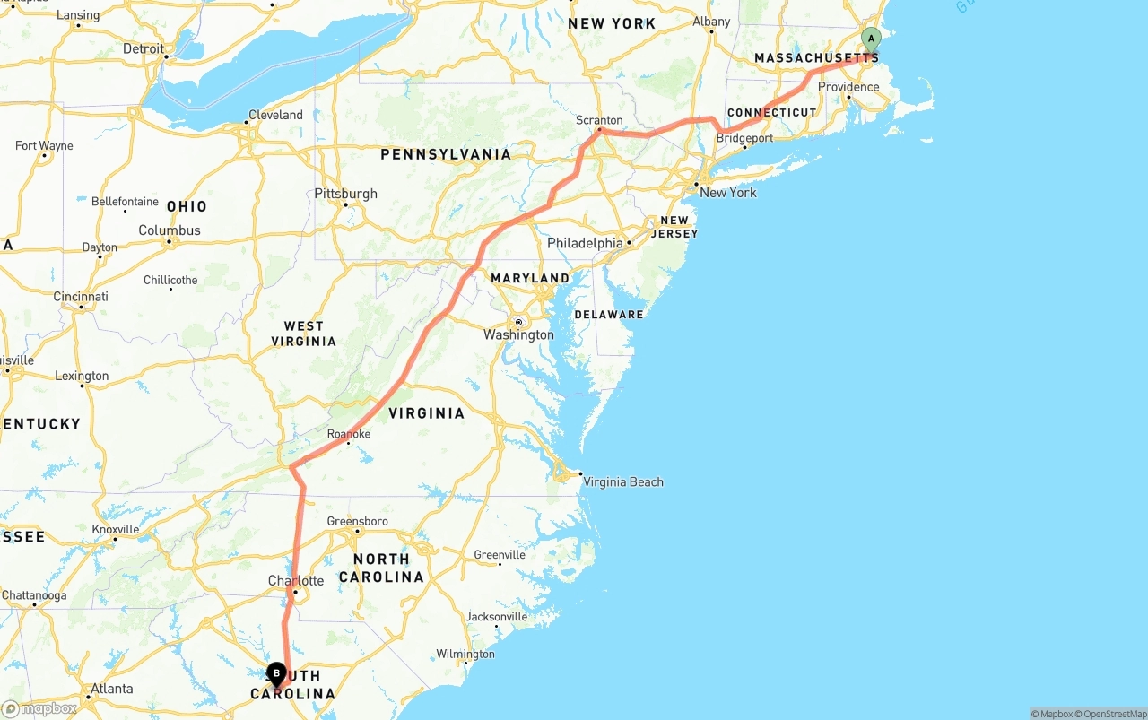 Shipping route from Port of Boston to South Carolina
