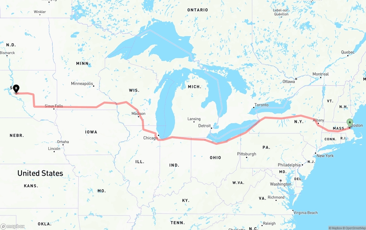 Shipping route from Port of Boston to South Dakota