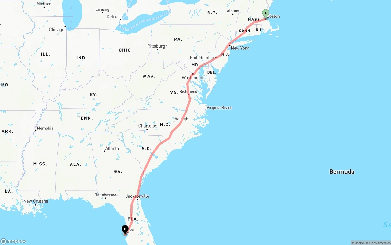 Shipping route from Port of Boston to St. Petersburg