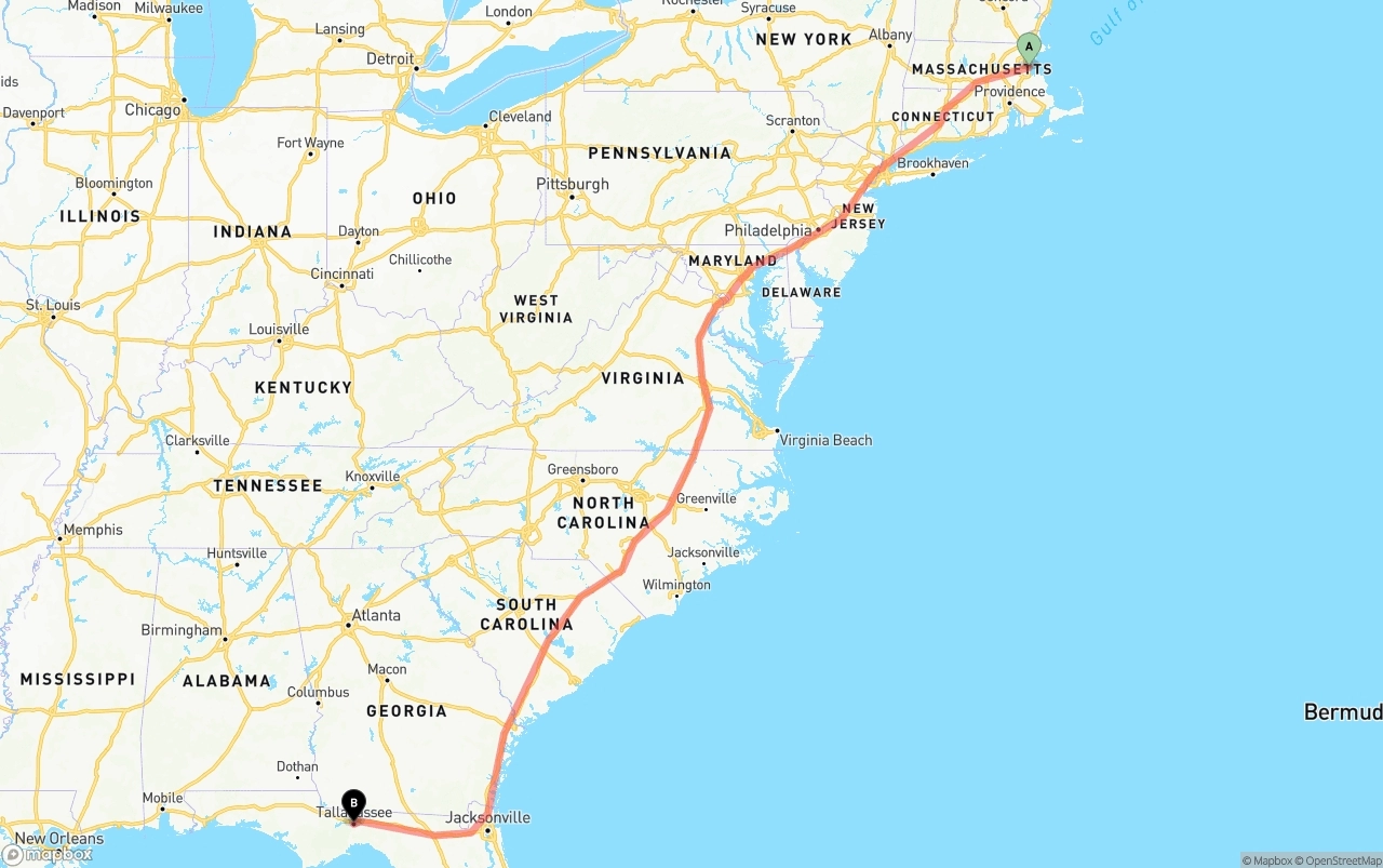 Shipping route from Port of Boston to Tallahassee
