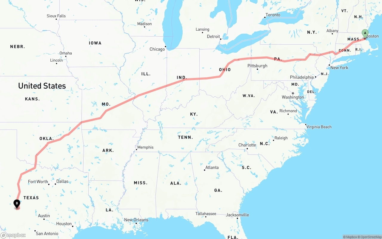 Shipping route from Port of Boston to Texas