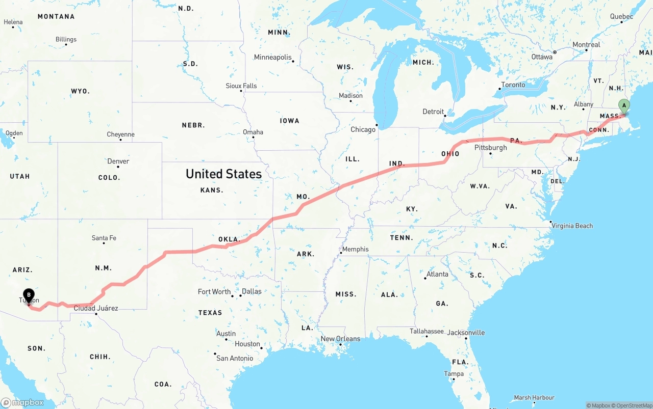 Shipping route from Port of Boston to Tucson