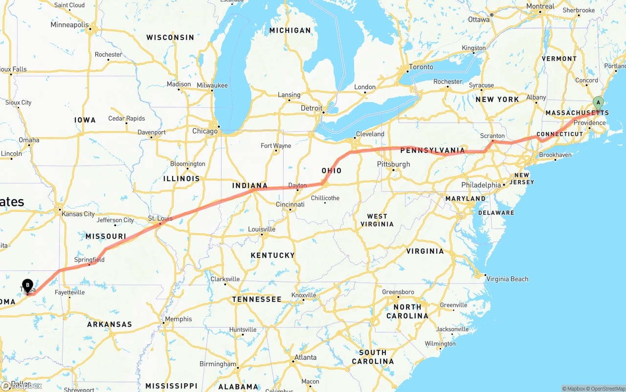 Shipping route from Port of Boston to Tulsa