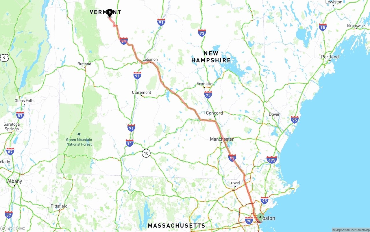 Shipping route from Port of Boston to Vermont