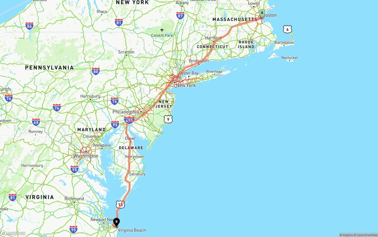 Shipping route from Port of Boston to Virginia Beach