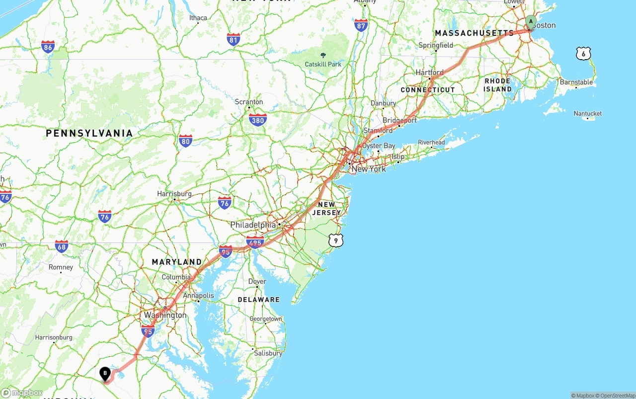 Shipping route from Port of Boston to Virginia