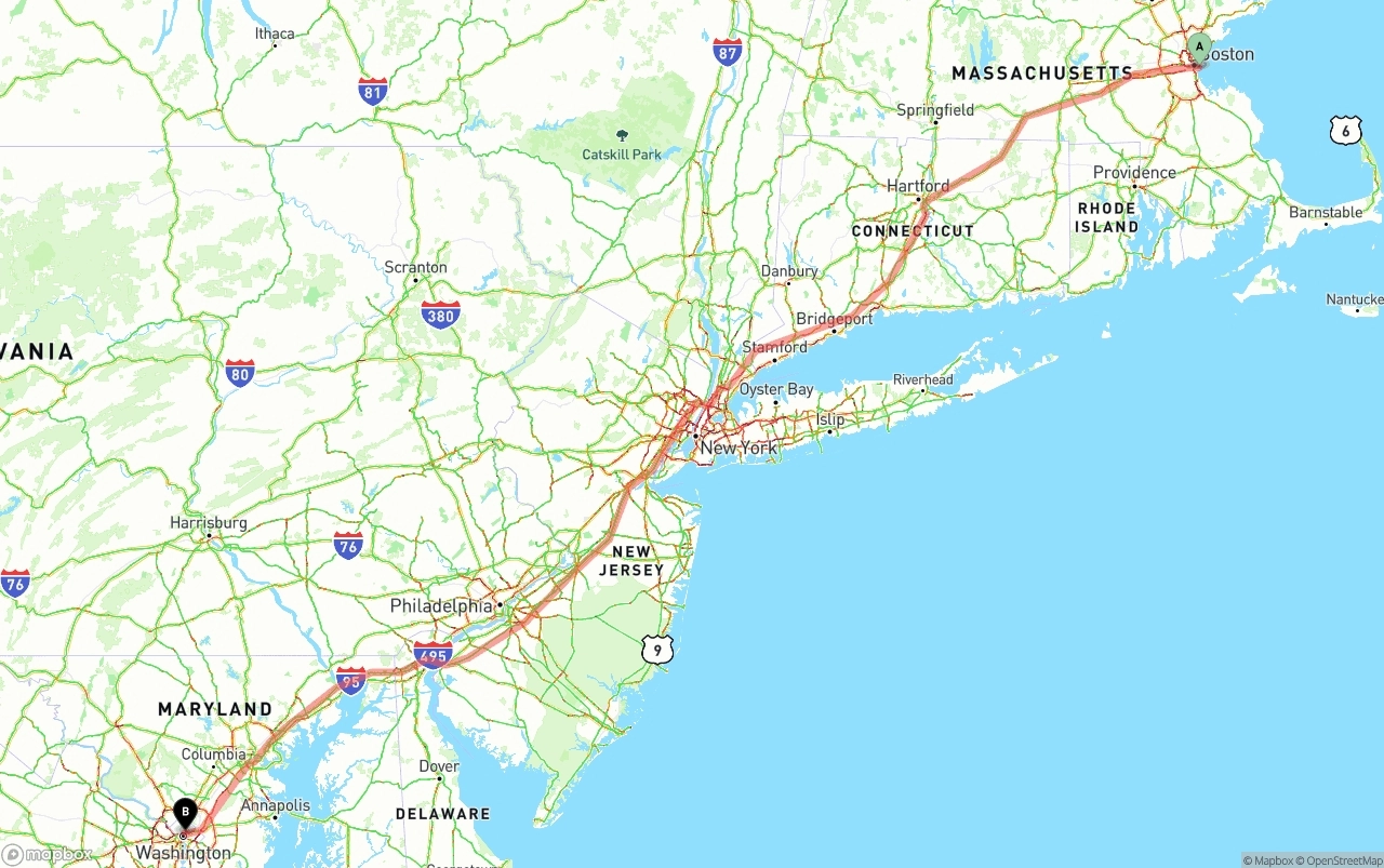Shipping route from Port of Boston to Washington D.C.