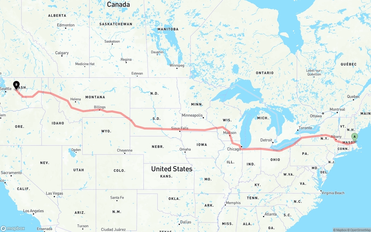 Shipping route from Port of Boston to Washington