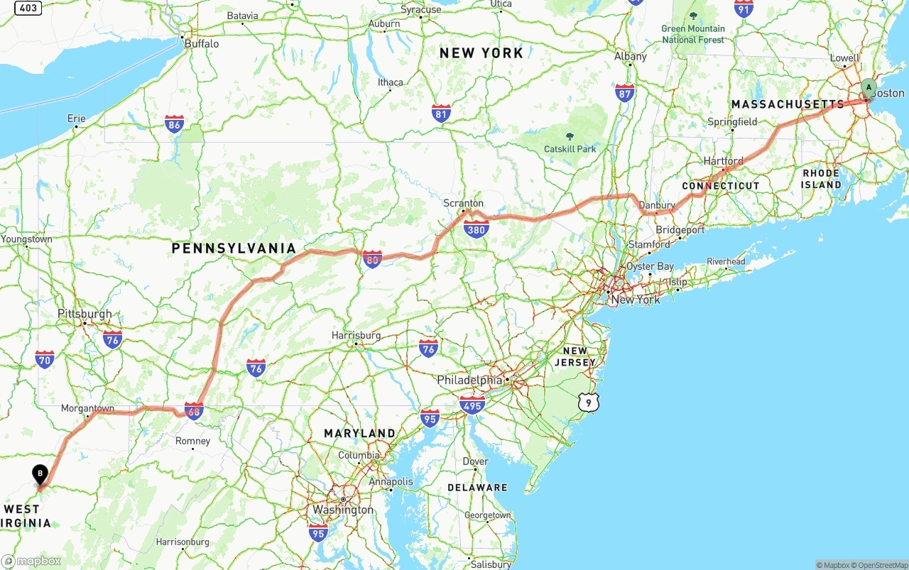 Shipping route from Port of Boston to West Virginia