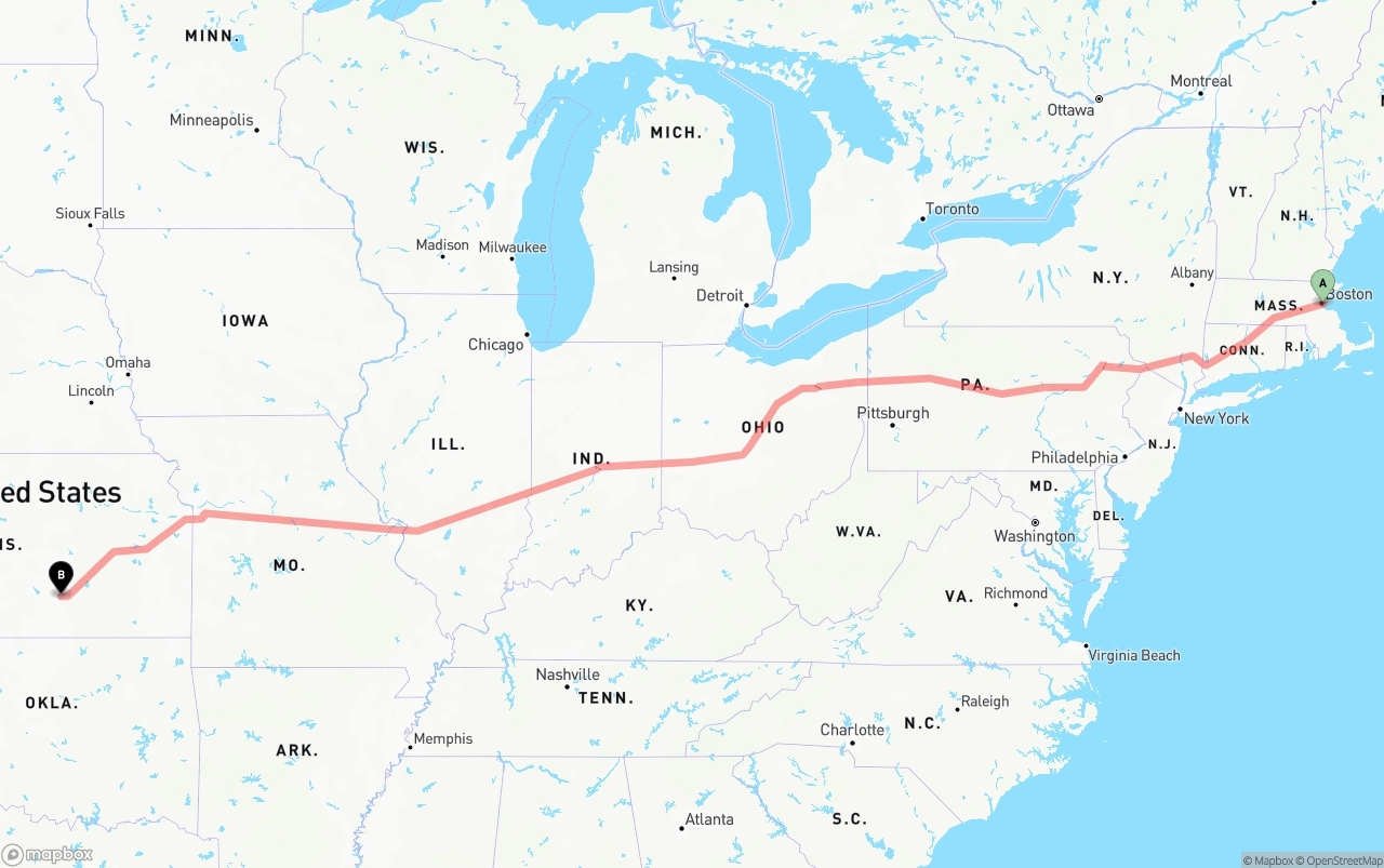 Shipping route from Port of Boston to Wichita