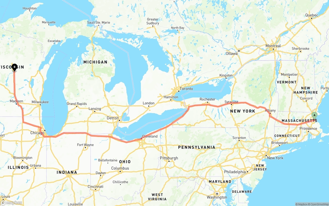 Shipping route from Port of Boston to Wisconsin