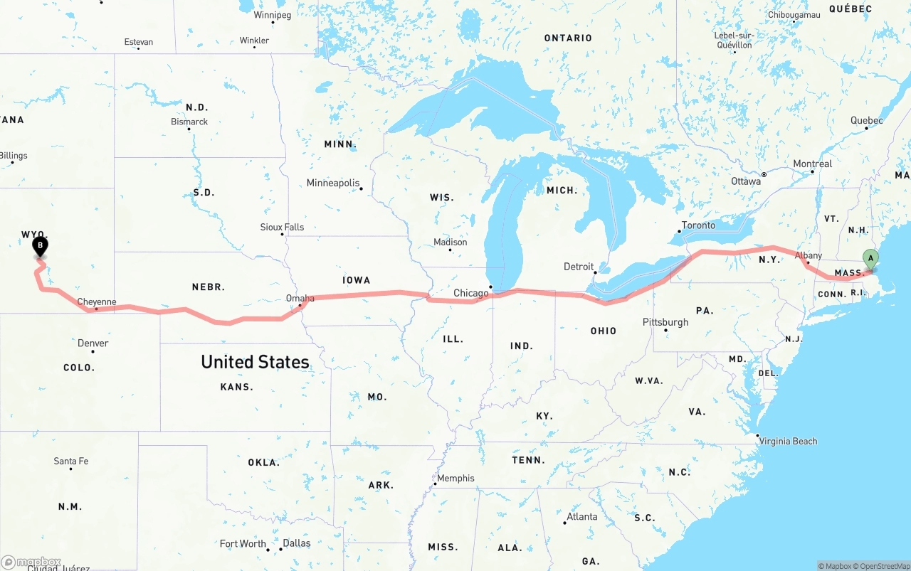 Shipping route from Port of Boston to Wyoming