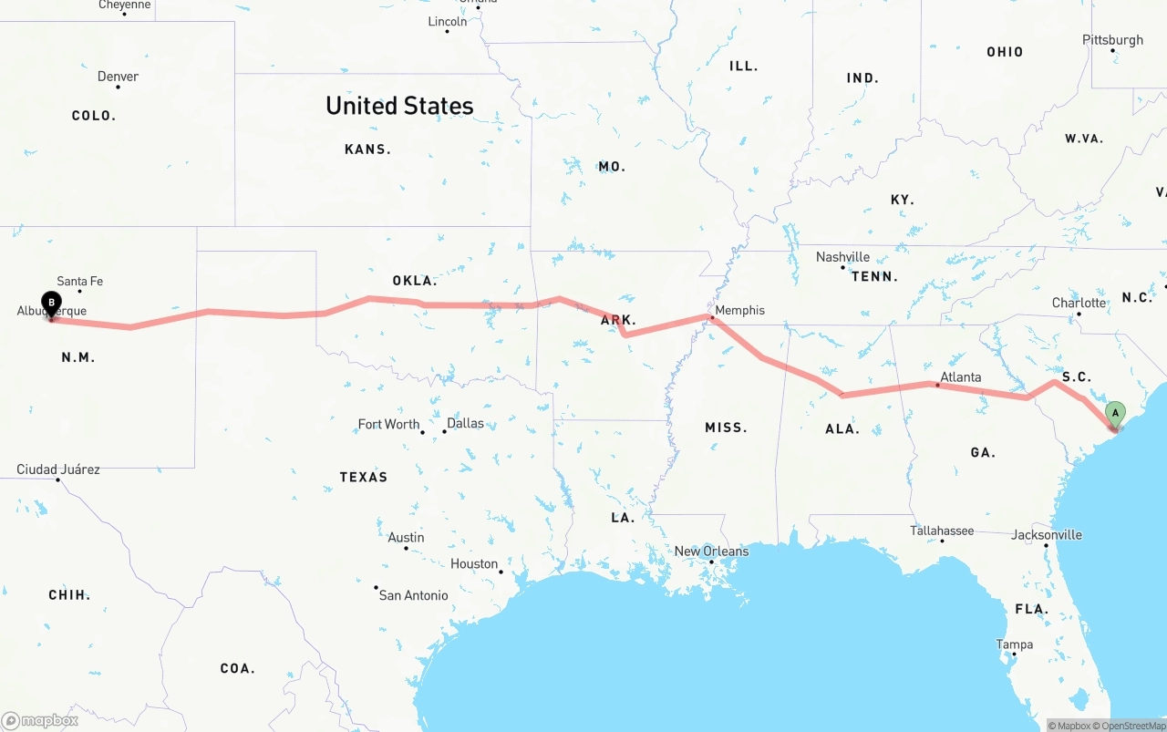 Shipping route from Port of Charleston to Albuquerque