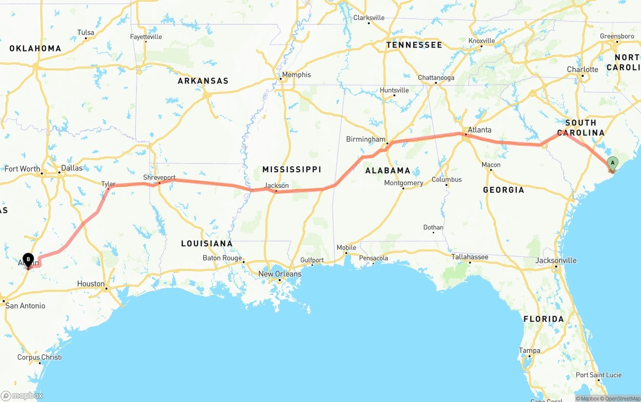 Shipping route from Port of Charleston to Austin