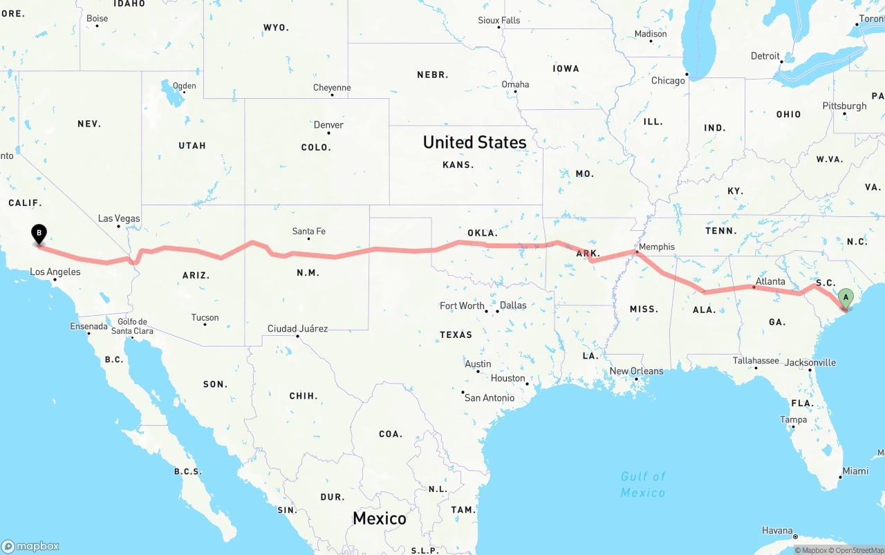 Shipping route from Port of Charleston to Bakersfield