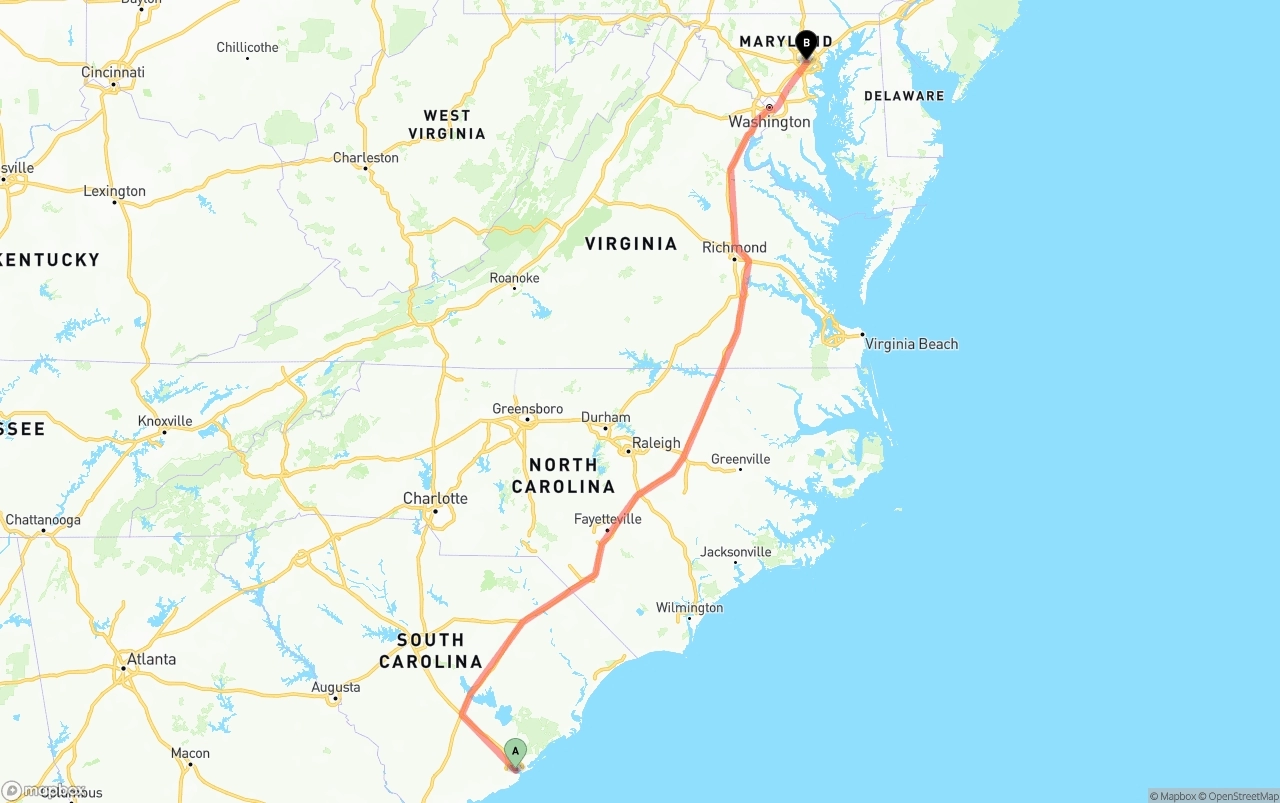 Shipping route from Port of Charleston to Baltimore