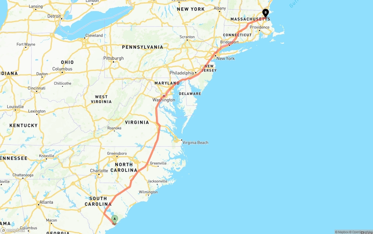 Shipping route from Port of Charleston to Boston