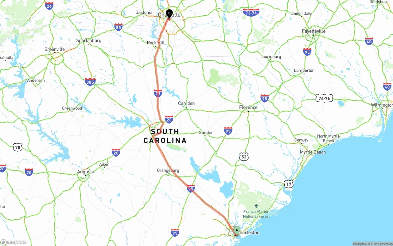 Shipping route from Port of Charleston to Charlotte