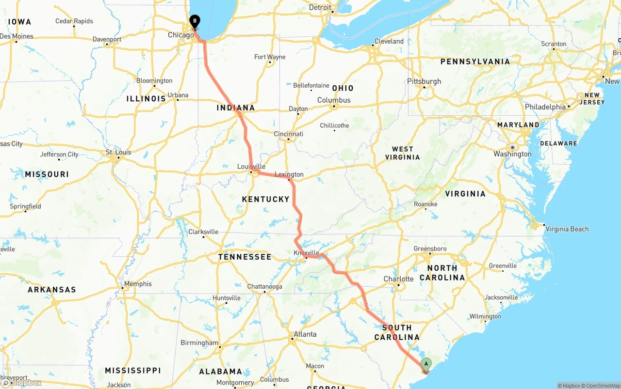 Shipping route from Port of Charleston to Chicago