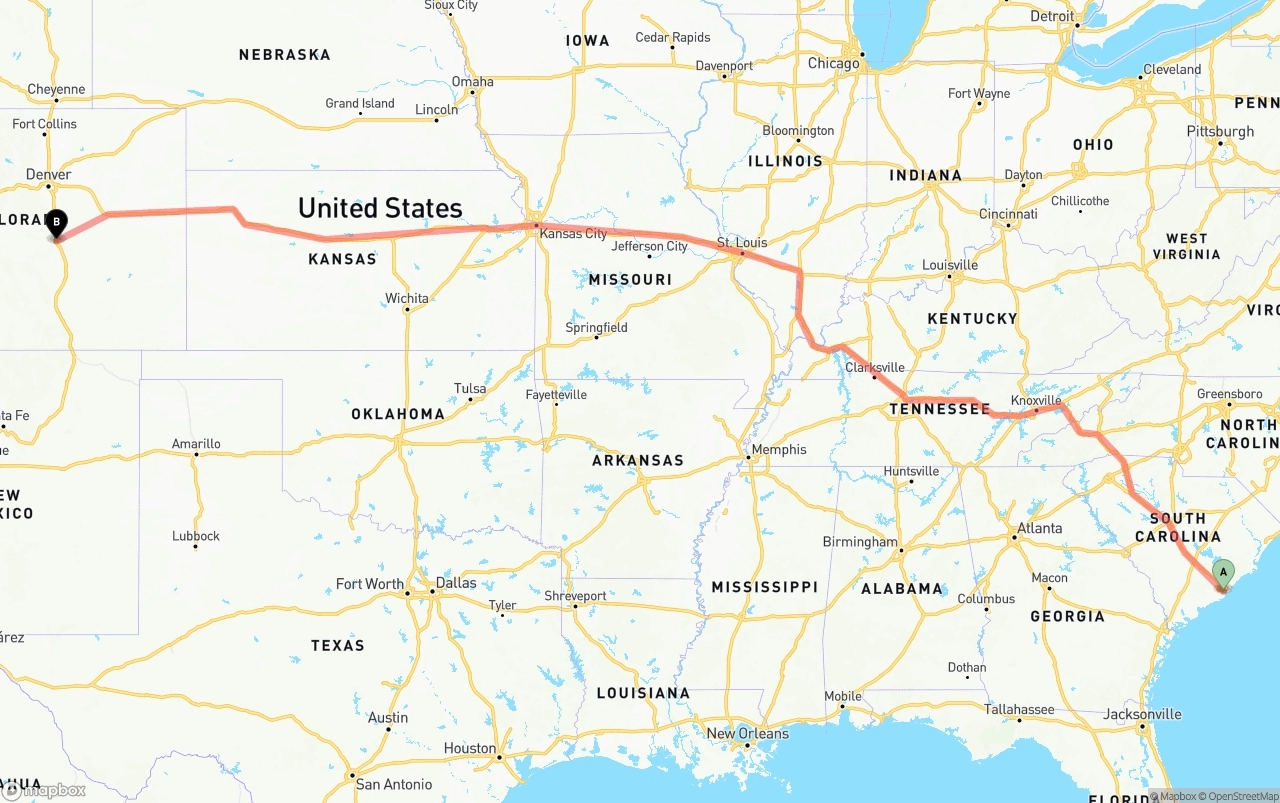 Shipping route from Port of Charleston to Colorado Springs