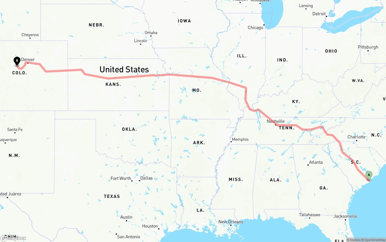Shipping route from Port of Charleston to Colorado
