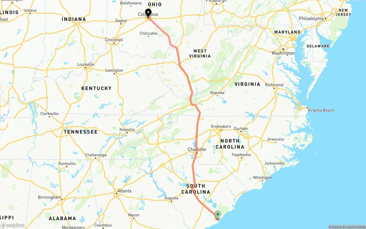 Shipping route from Port of Charleston to Columbus