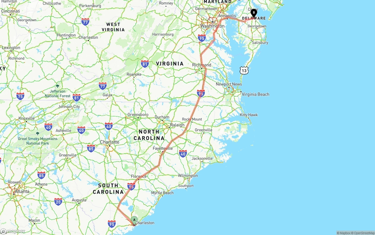 Shipping route from Port of Charleston to Delaware