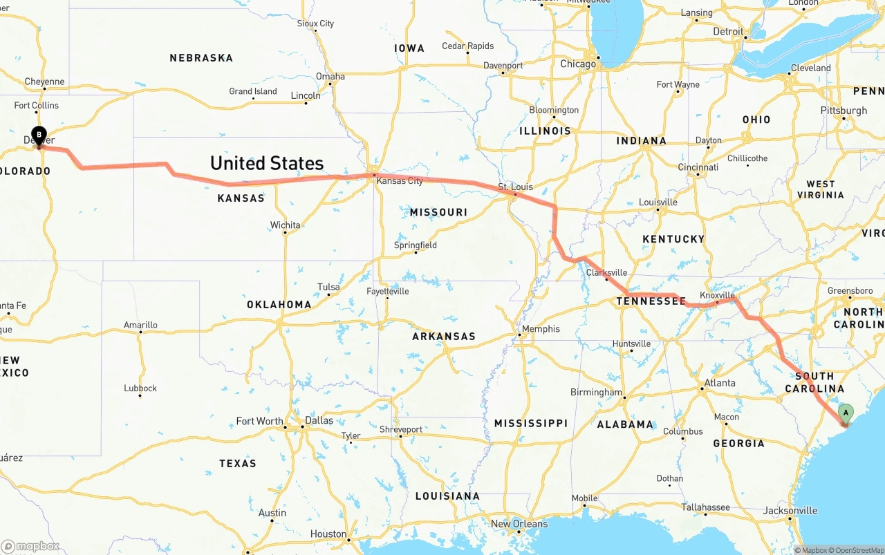 Shipping route from Port of Charleston to Denver