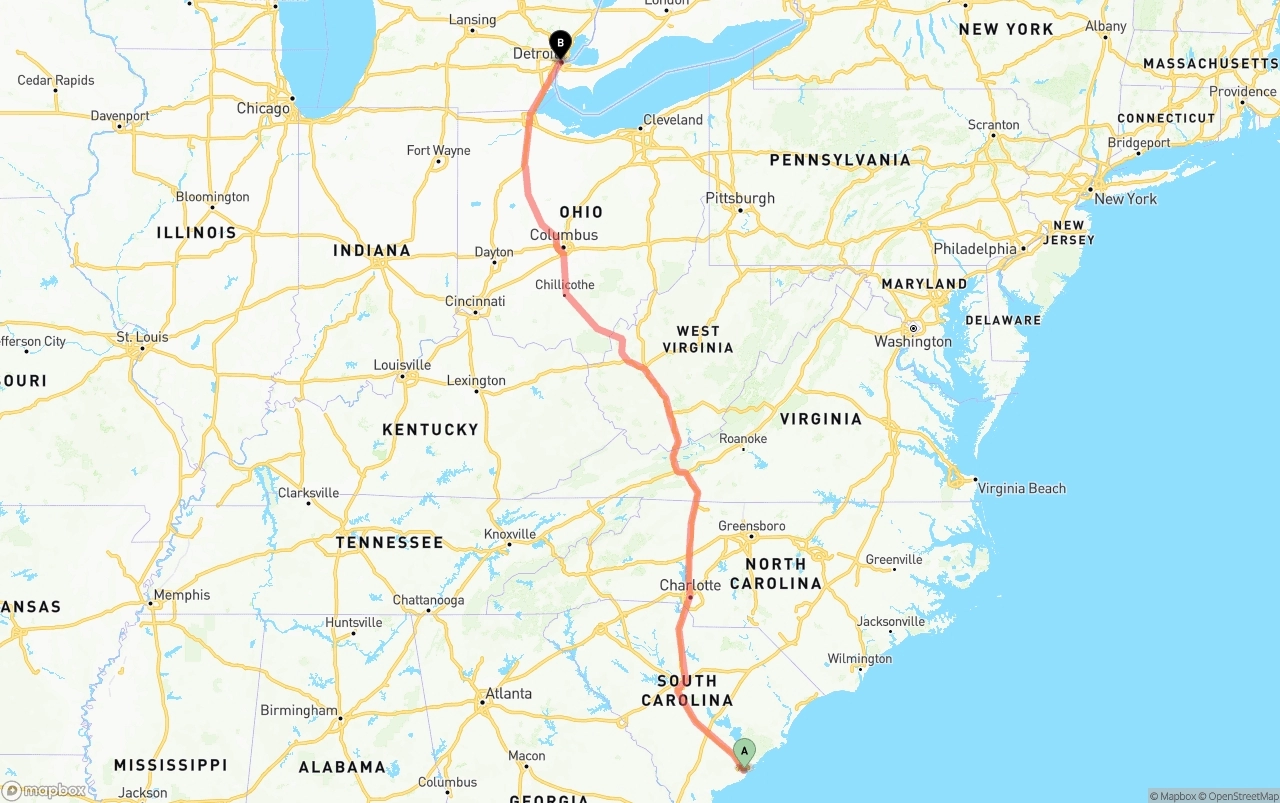 Shipping route from Port of Charleston to Detroit