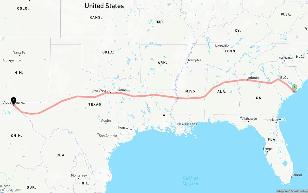 Shipping route from Port of Charleston to El Paso