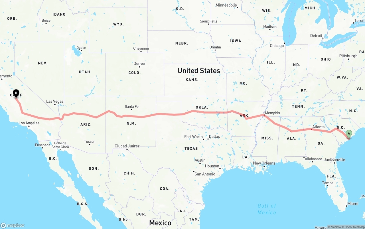 Shipping route from Port of Charleston to Fresno