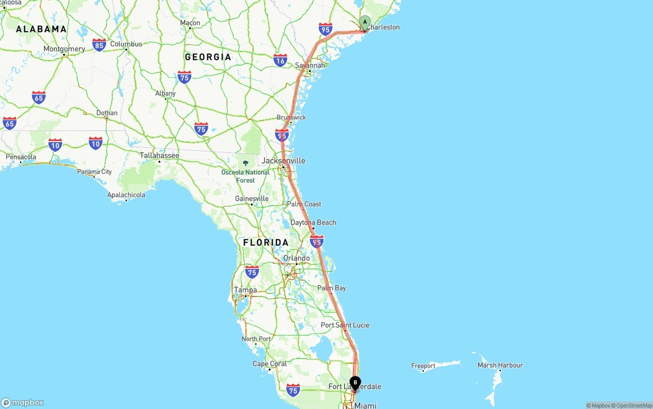 Shipping route from Port of Charleston to Ft. Lauderdale