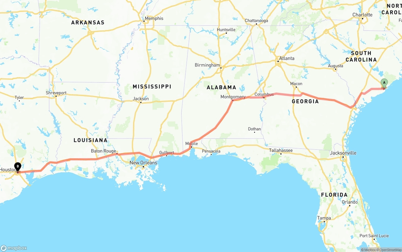 Shipping route from Port of Charleston to Houston
