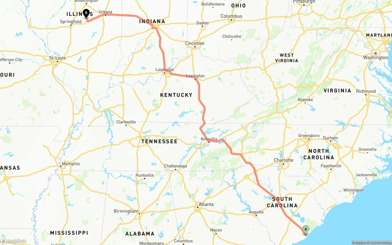 Shipping route from Port of Charleston to Illinois