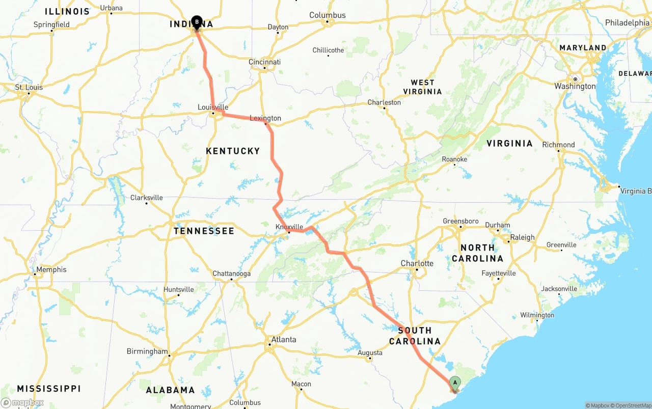 Shipping route from Port of Charleston to Indianapolis