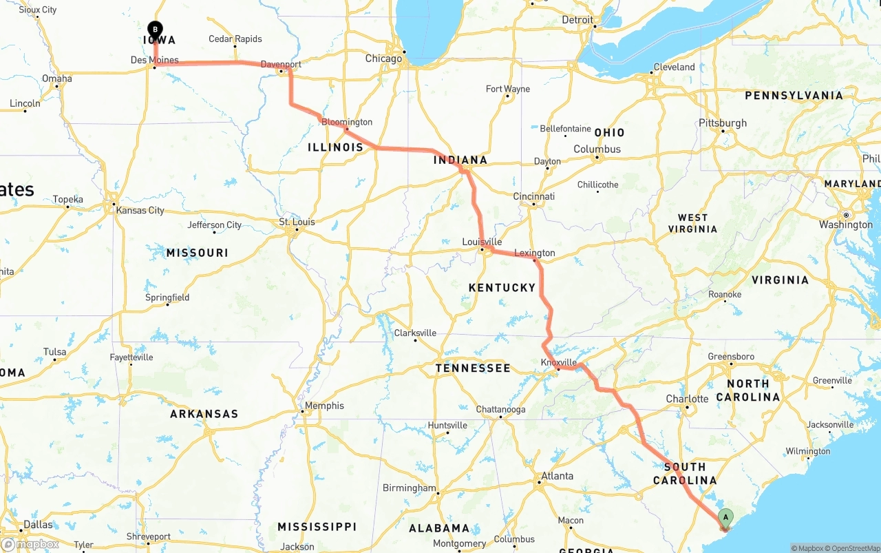 Shipping route from Port of Charleston to Iowa
