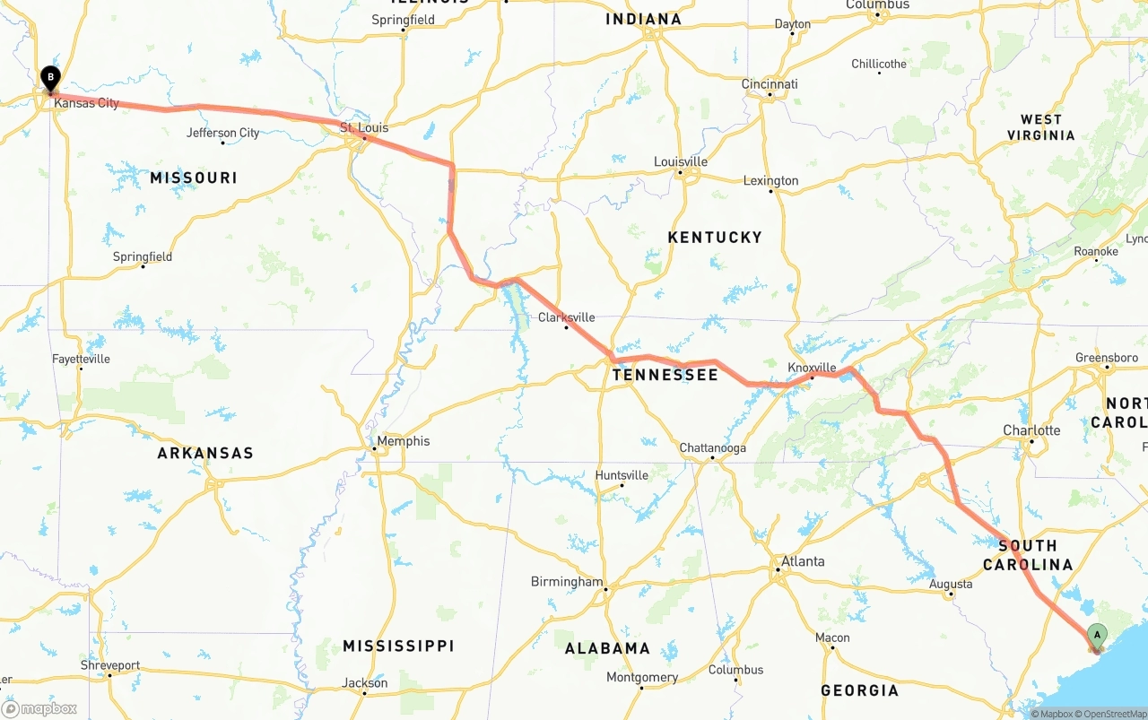 Shipping route from Port of Charleston to Kansas City