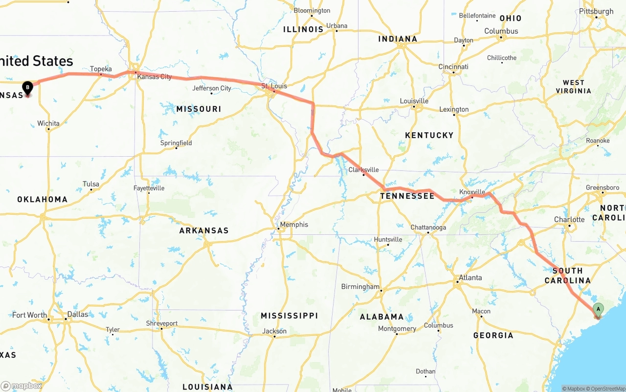 Shipping route from Port of Charleston to Kansas