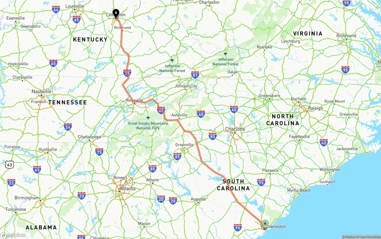 Shipping route from Port of Charleston to Lexington