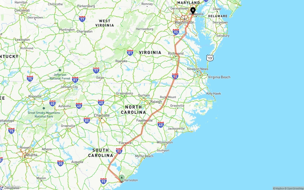 Shipping route from Port of Charleston to Maryland