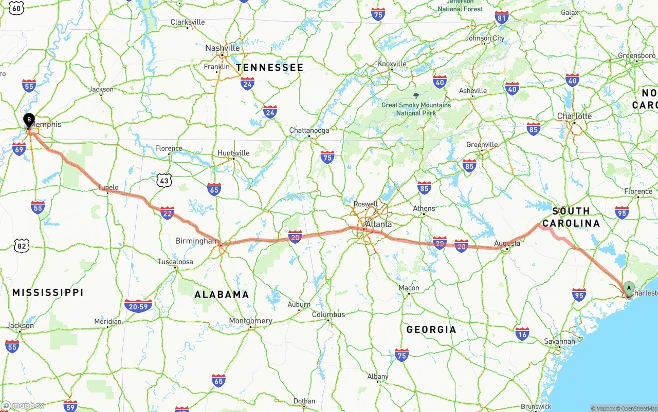 Shipping route from Port of Charleston to Memphis