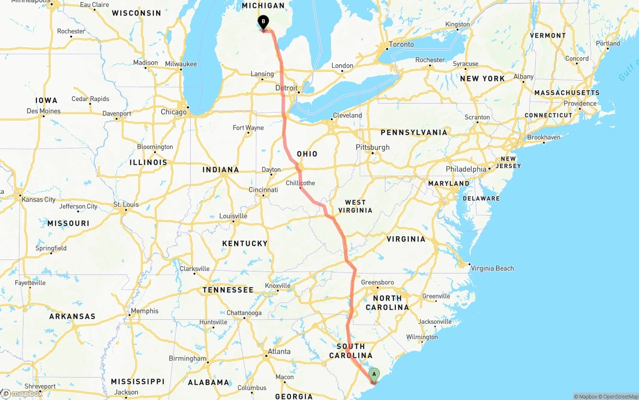 Shipping route from Port of Charleston to Michigan