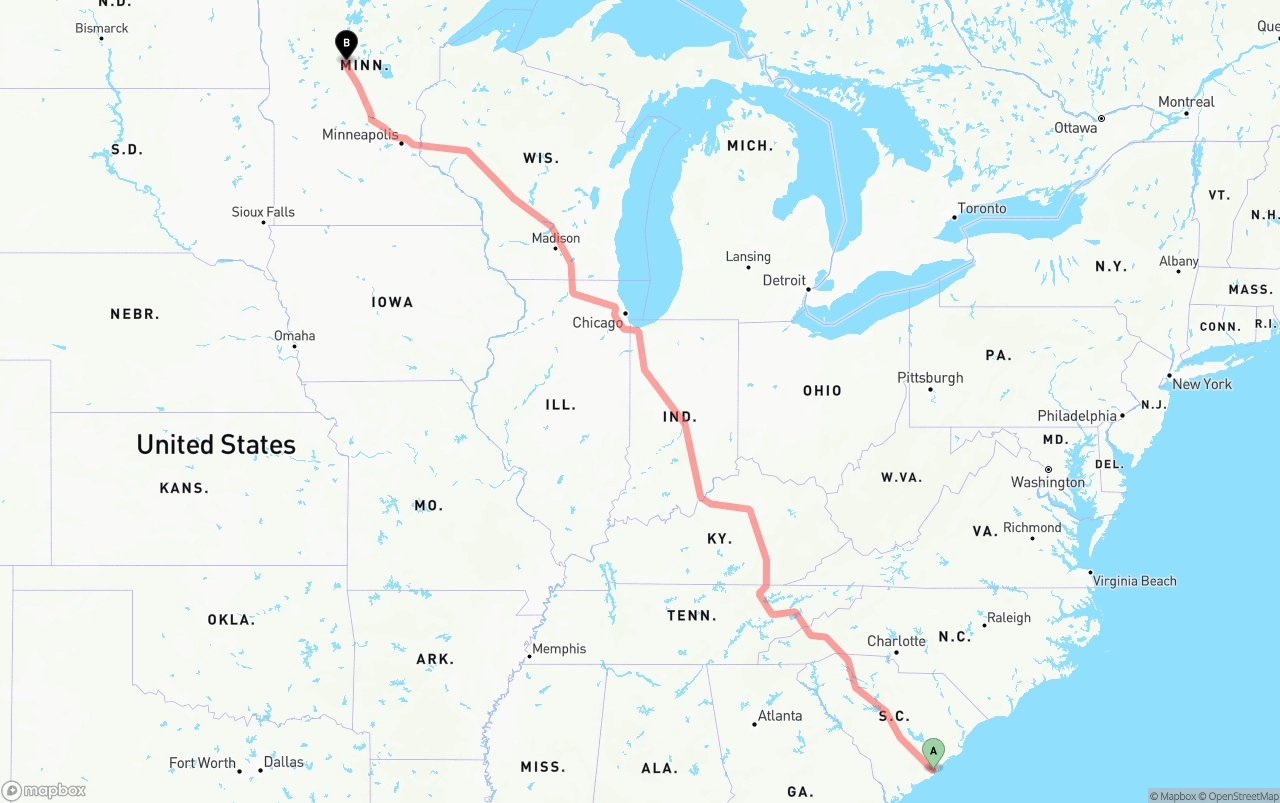 Shipping route from Port of Charleston to Minnesota